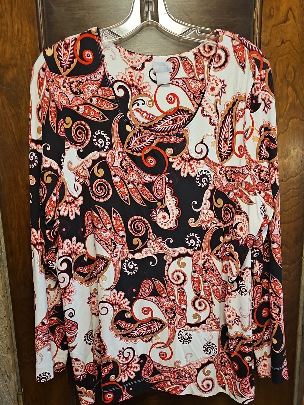Chico's Paisley Long-Sleeve Top in Black, Cream & Red